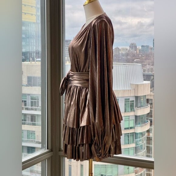 🆕 BRONX & BANCO 🧿 NWOT Bellerose Ruffled Mini Dress, Metallic Gold Sz S / US 4 - Picture 5 of 16